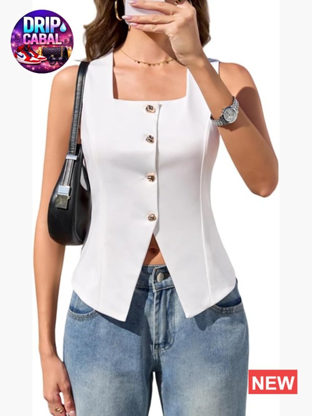 95% Polyester Blend Sleeveless Square Neck Button Down Vest Top for Work Office